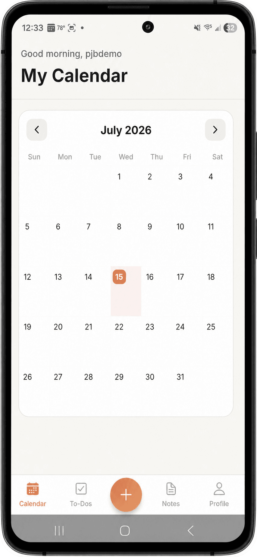 PJB Daily Calendar Home screen