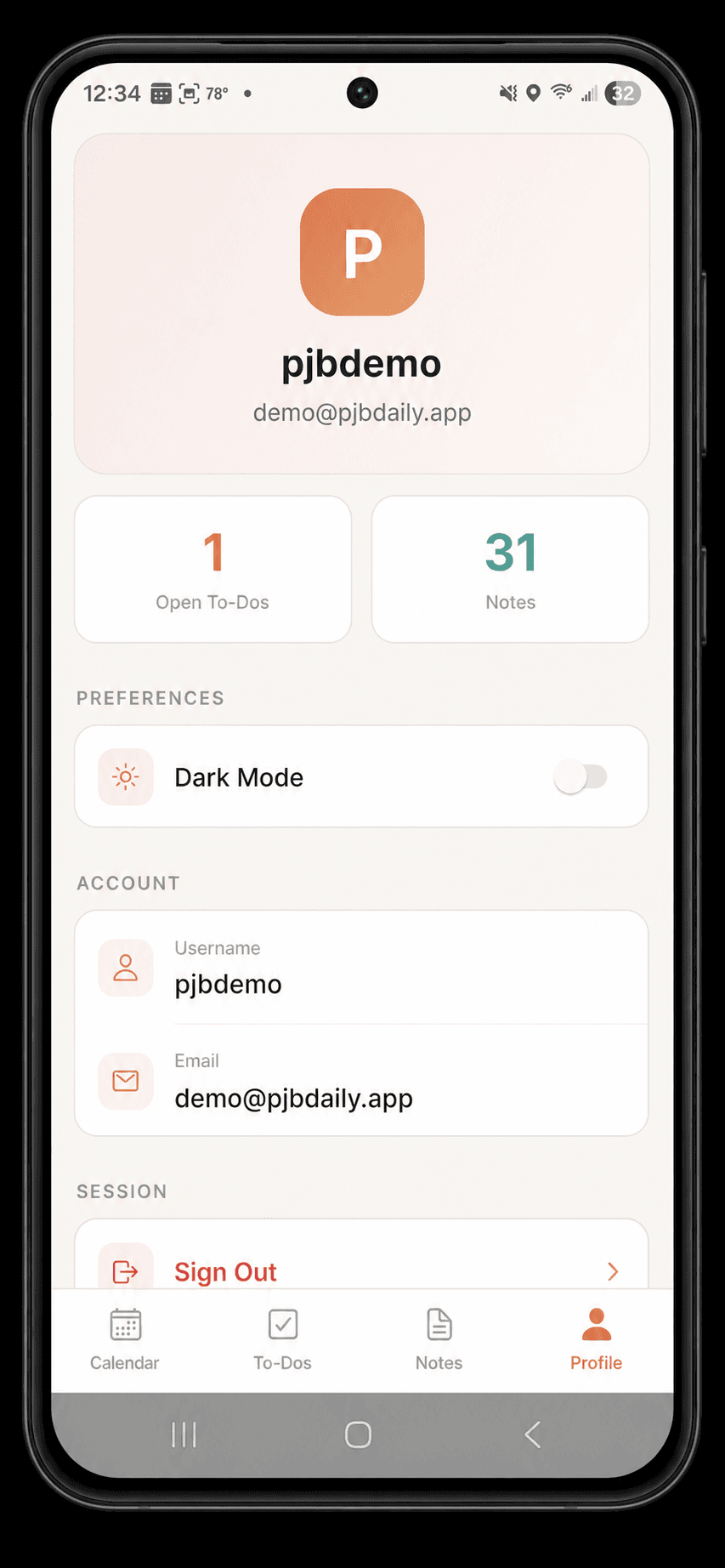 PJB Daily Profile screen